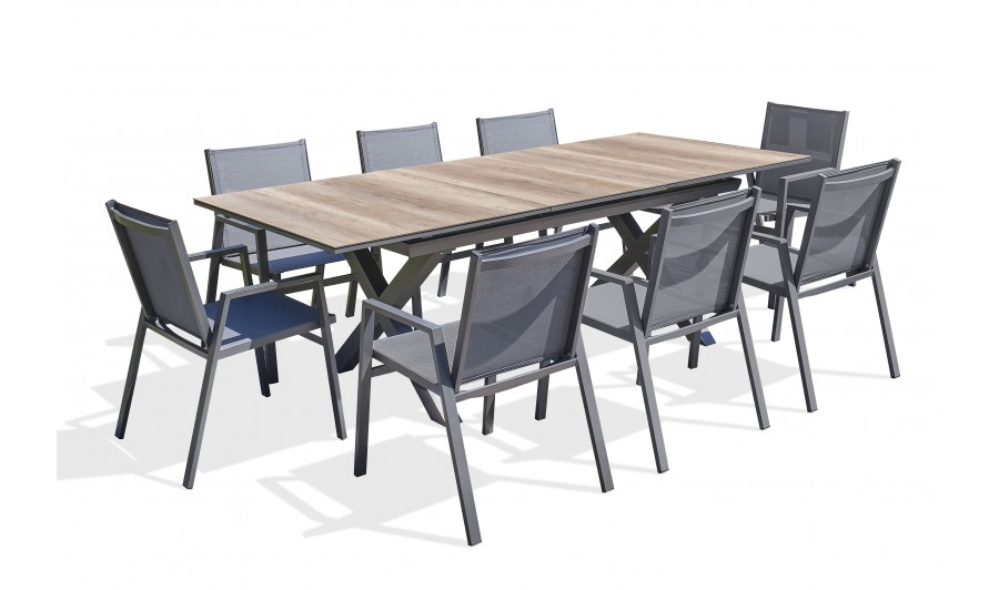 Ensemble de repas de jardin FLORIDE  en HPL imitation bois et  8 fauteuils aluminium gris Anthracite