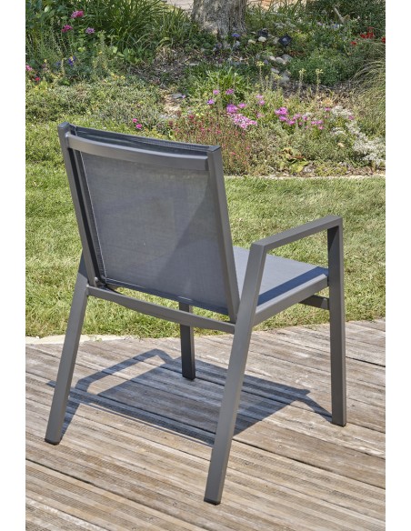Ensemble de repas de jardin FLORIDE  en HPL imitation bois et  6 fauteuils aluminium gris Anthracite