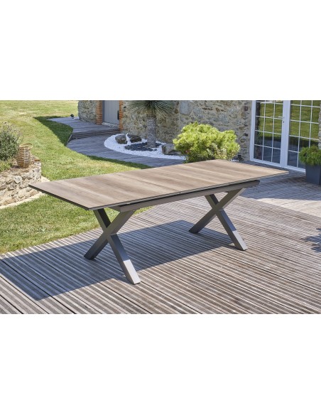 Ensemble de repas de jardin FLORIDE  en HPL imitation bois et  6 fauteuils aluminium gris Anthracite