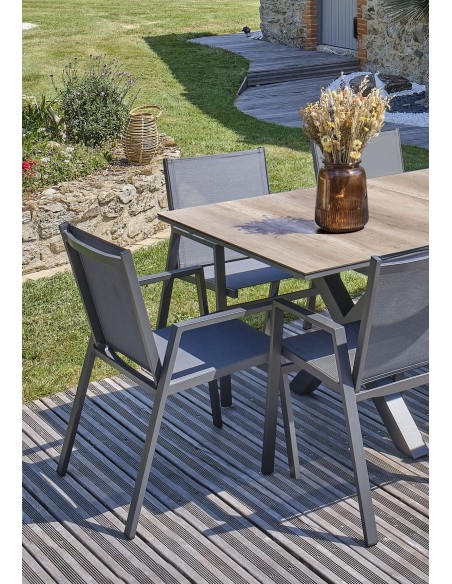 Ensemble de repas de jardin FLORIDE  en HPL imitation bois et  6 fauteuils aluminium gris Anthracite