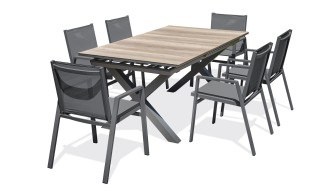 Ensemble de repas de jardin FLORIDE  en HPL imitation bois et  6 fauteuils aluminium gris Anthracite