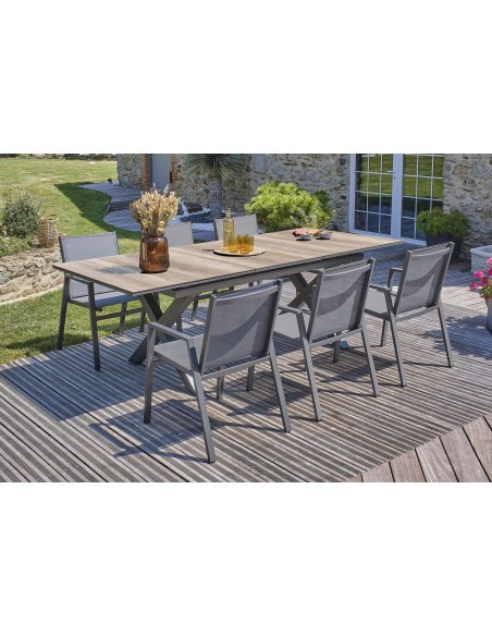 Ensemble de repas de jardin FLORIDE  en HPL imitation bois et  6 fauteuils aluminium gris Anthracite