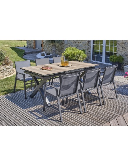 Ensemble de repas de jardin FLORIDE  en HPL imitation bois et  6 fauteuils aluminium gris Anthracite