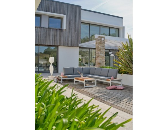 Salon de jardin d'angle VALENCIA 6 places en teck et aluminium - BLANC