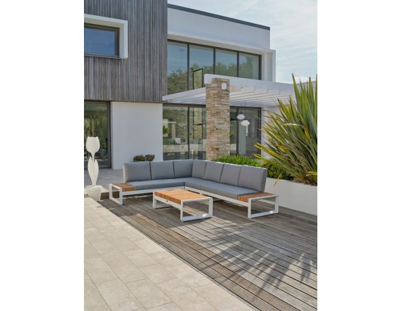Salon de jardin d'angle VALENCIA 6 places en teck et aluminium - BLANC