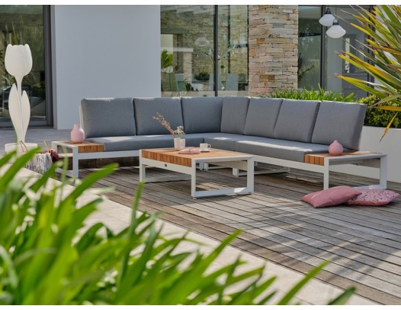 Salon de jardin d'angle VALENCIA 6 places en teck et aluminium - BLANC