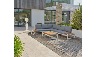 Salon de jardin d'angle VALENCIA 6 places en teck et aluminium - BLANC