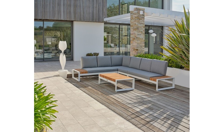 Salon de jardin d'angle VALENCIA 6 places en teck et aluminium - BLANC Salon de jardin d'angle VALENCIA 6 places en teck et aluminium - BLANC