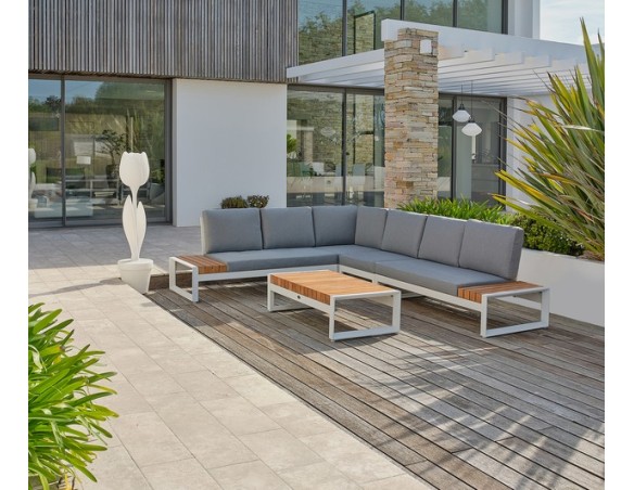 Salon de jardin d'angle VALENCIA 6 places en teck et aluminium - BLANC