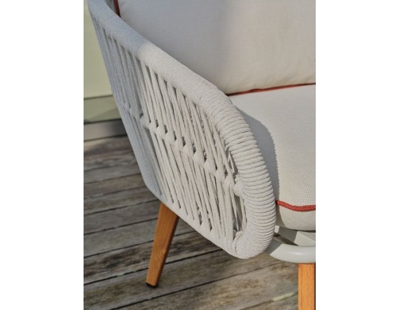 Salon bas de jardin CUZCO 5 places en aluminium imitation bois et corde tissée - BLANC