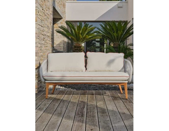 Salon bas de jardin CUZCO 5 places en aluminium imitation bois et corde tissée - BLANC