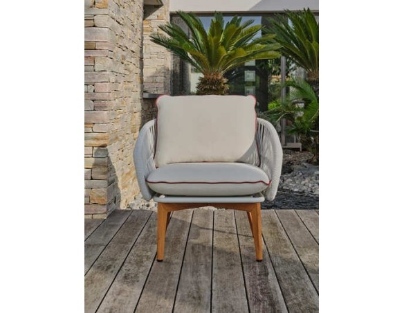Salon bas de jardin CUZCO 5 places en aluminium imitation bois et corde tissée - BLANC