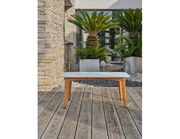 Salon bas de jardin CUZCO 5 places en aluminium imitation bois et corde tissée - BLANC