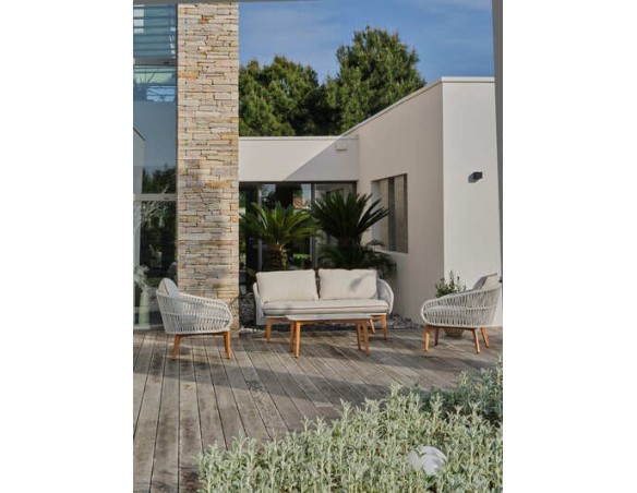 Salon bas de jardin CUZCO 5 places en aluminium imitation bois et corde tissée - BLANC