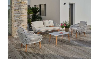 Salon bas de jardin CUZCO 5 places en aluminium imitation bois et corde tissée - BLANC
