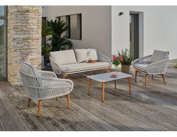Salon bas de jardin CUZCO 5 places en aluminium imitation bois et corde tissée - BLANC