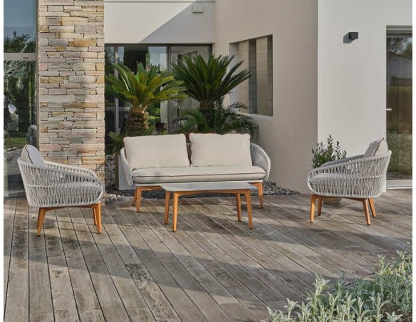 Salon bas de jardin CUZCO 5 places en aluminium imitation bois et corde tissée - BLANC