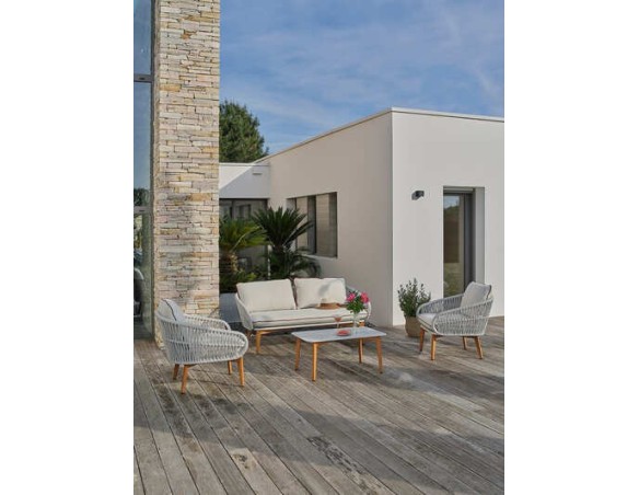 Salon bas de jardin CUZCO 5 places en aluminium imitation bois et corde tissée - BLANC