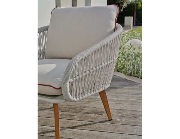 Salon bas de jardin CUZCO 5 places en aluminium imitation bois et corde tissée - BLANC