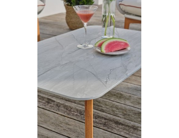 Salon bas de jardin CUZCO 5 places en aluminium imitation bois et corde tissée - BLANC