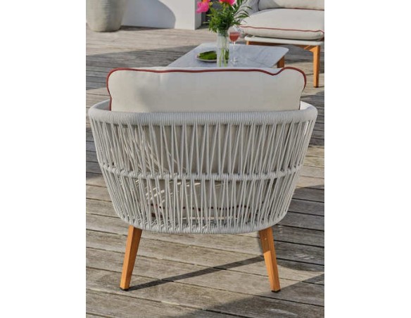 Salon bas de jardin CUZCO 5 places en aluminium imitation bois et corde tissée - BLANC