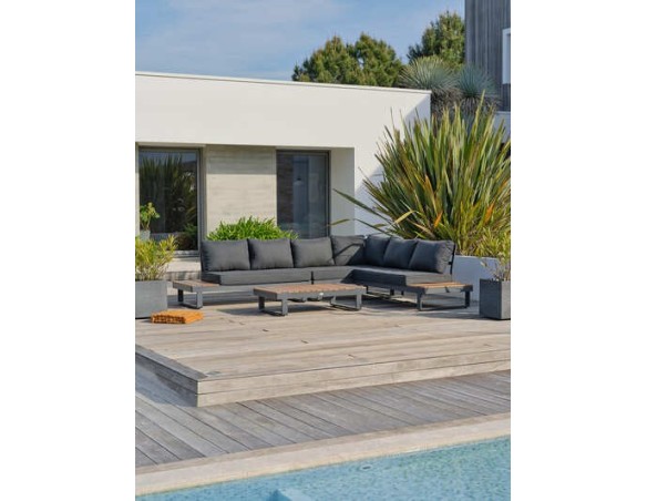 Salon de jardin d'angle 6 places en teck et aluminium - ALICANTE | Élégance et confort extérieur