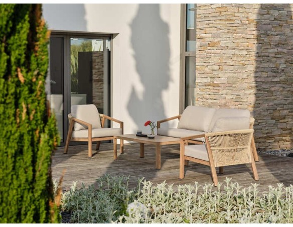 Salon bas de jardin GOYA 5 places en aluminium imitation bois - GRIS