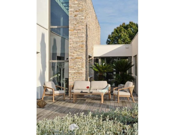 Salon bas de jardin GOYA 5 places en aluminium imitation bois - GRIS