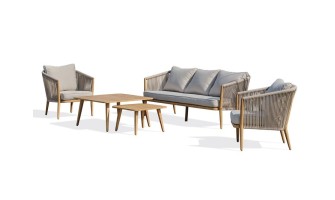 Salon bas de jardin IBARRA 5 places en aluminium imitation bois et corde tissée - ECRU