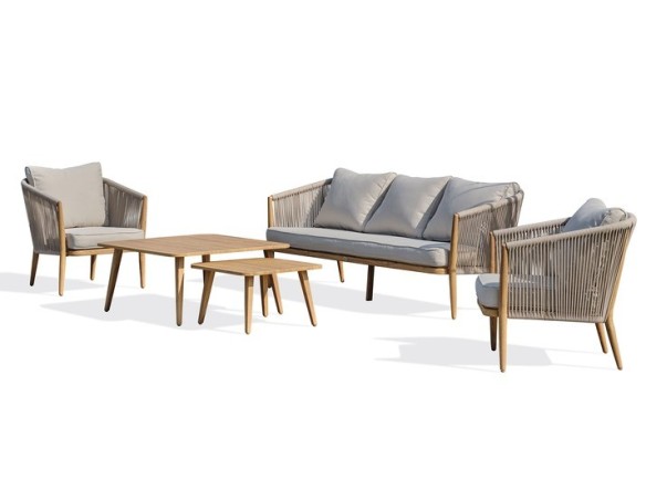 Salon bas de jardin IBARRA 5 places en aluminium imitation bois et corde tissée - ECRU