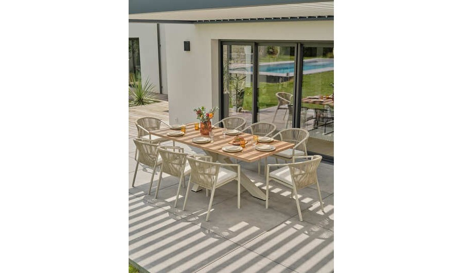 Ensemble de repas de jardin 8 places en aluminium et plateau imitation bois - Grège - KELIA Ensemble de repas de jardin 8 places en aluminium et plateau imitation bois - Grège - KELIA