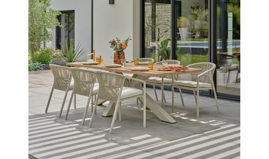 Ensemble de repas de jardin 6 places en aluminium et plateau imitation bois - Grège - KELIA