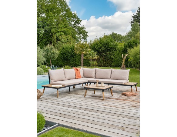 Salon de jardin d'angle 5 places en acier et bois d'acacia - Taupe - CAMINO
