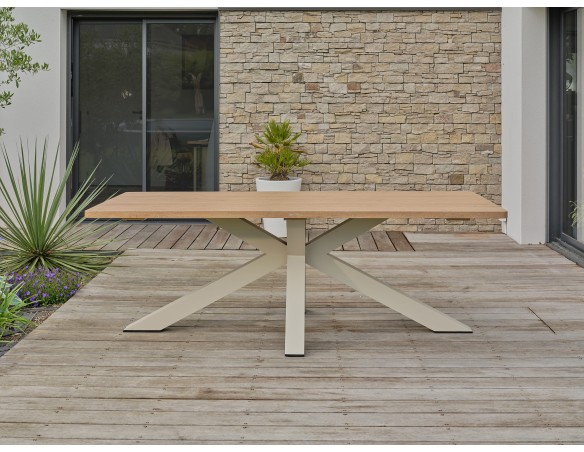 Table de jardin KELIA grège 220 cm, design moderne, plateau effet bois, 8 personnes, 100 % outdoor.