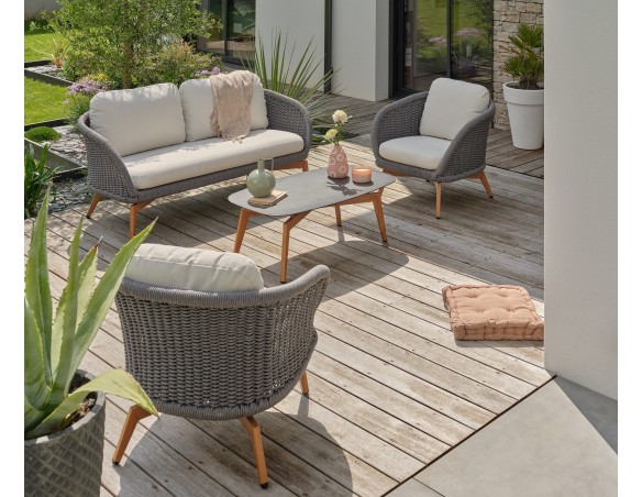 Salon bas de jardin alu et corde Olefin - EFFET BOIS