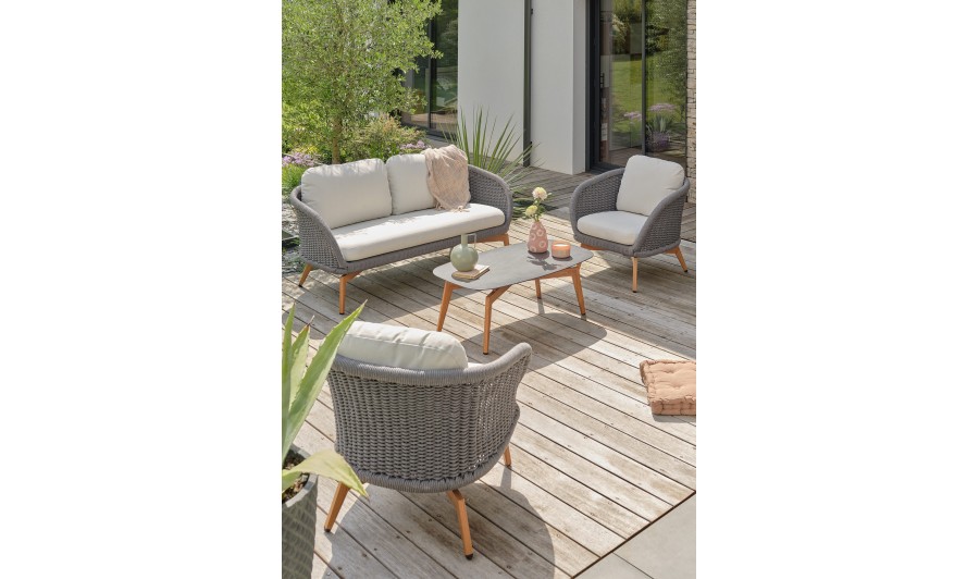 Salon bas de jardin 4/5 places alu et corde effet bois - OLEFIN Salon bas de jardin 4/5 places alu et corde effet bois - OLEFIN