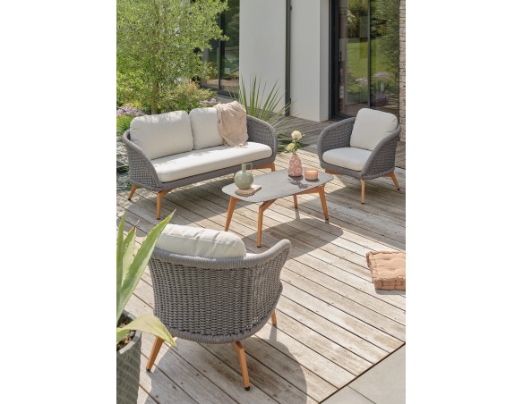 Salon bas de jardin alu et corde Olefin - EFFET BOIS