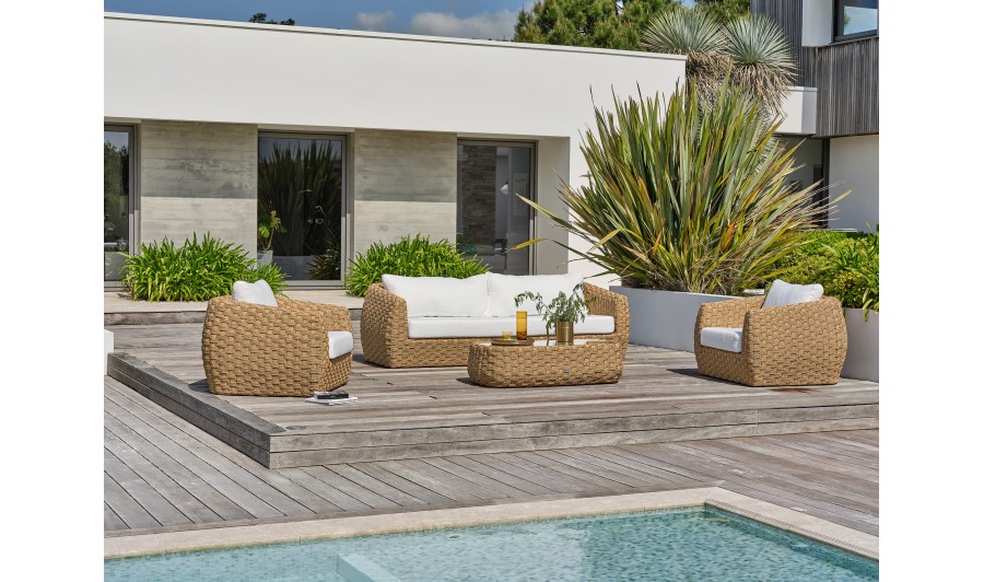 Salon bas de jardin RAMATUELLE 5 places en aluminium et résine tressée - MARRON