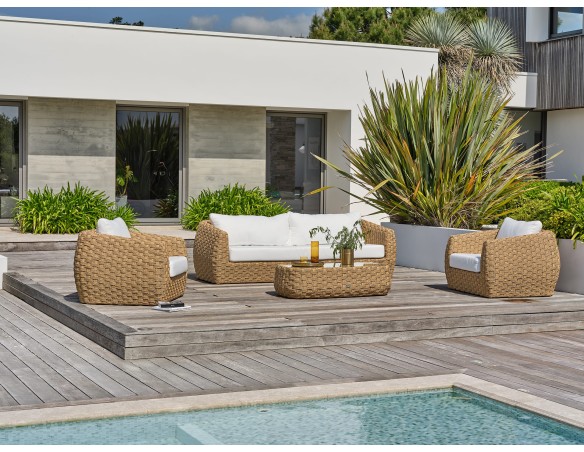 Salon bas de jardin RAMATUELLE 5 places en aluminium et résine tressée - MARRON