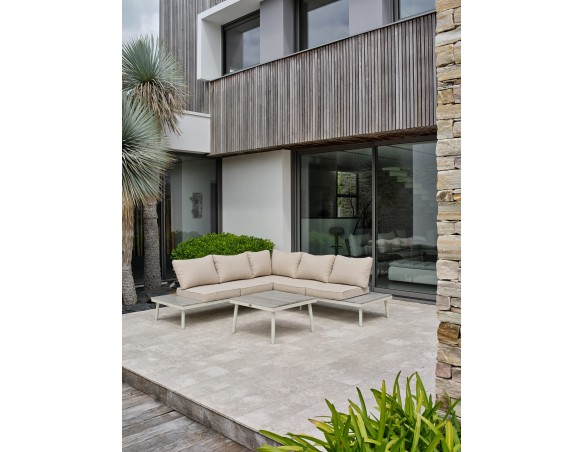 Salon de jardin d'angle OSAKA 5 places aluminium imitation bois gris et aluminium - BLANC