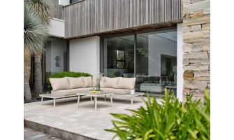 Salon de jardin d'angle OSAKA 5 places aluminium imitation bois gris et aluminium - BLANC