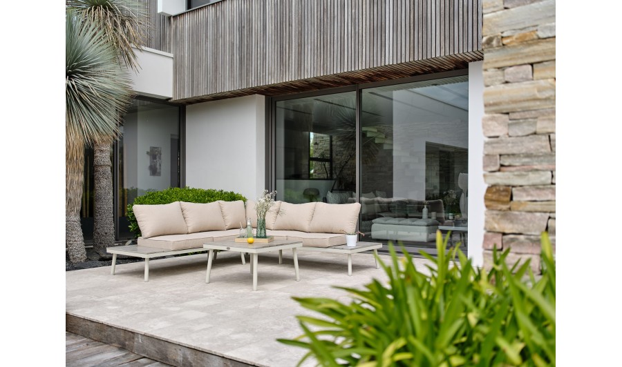 Salon de jardin d'angle OSAKA 5 places aluminium imitation bois gris et aluminium - BLANC Salon de jardin d'angle OSAKA 5 places aluminium imitation bois gris et aluminium - BLANC