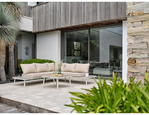 Salon de jardin d'angle OSAKA 5 places aluminium imitation bois gris et aluminium - BLANC
