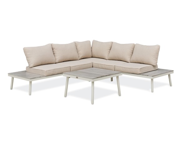 Salon de jardin d'angle OSAKA 5 places aluminium imitation bois gris et aluminium - BLANC