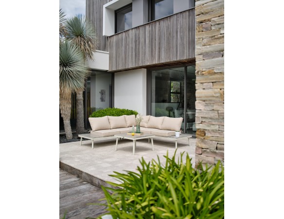 Salon de jardin d'angle OSAKA 5 places aluminium imitation bois gris et aluminium - BLANC