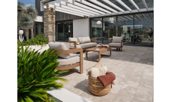 Salon bas de jardin DAVAO 5 places en aluminium imitation bois - ECRU