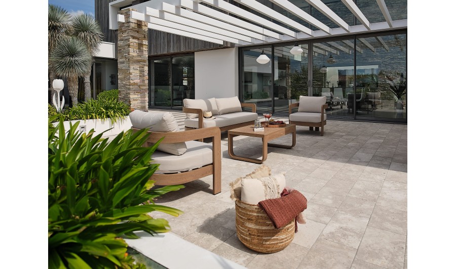 Salon bas de jardin DAVAO 5 places en aluminium imitation bois - ECRU Salon bas de jardin DAVAO 5 places en aluminium imitation bois - ECRU