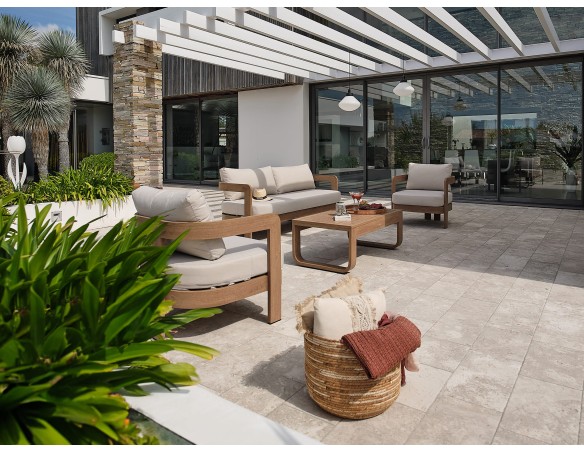 Salon bas de jardin DAVAO 5 places en aluminium imitation bois - ECRU