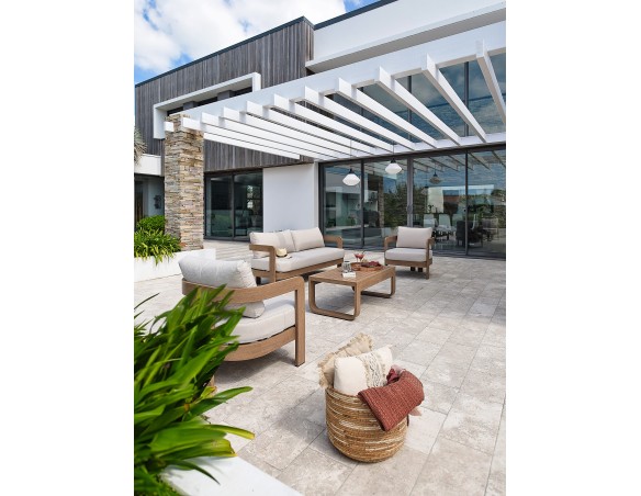 Salon bas de jardin DAVAO 5 places en aluminium imitation bois - ECRU
