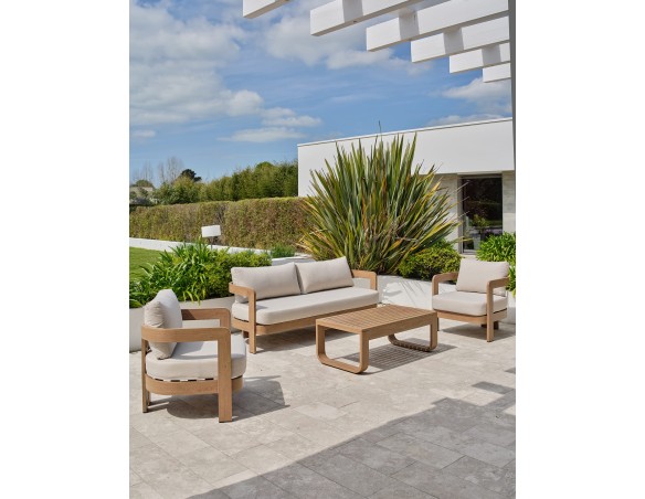 Salon bas de jardin DAVAO 5 places en aluminium imitation bois - ECRU